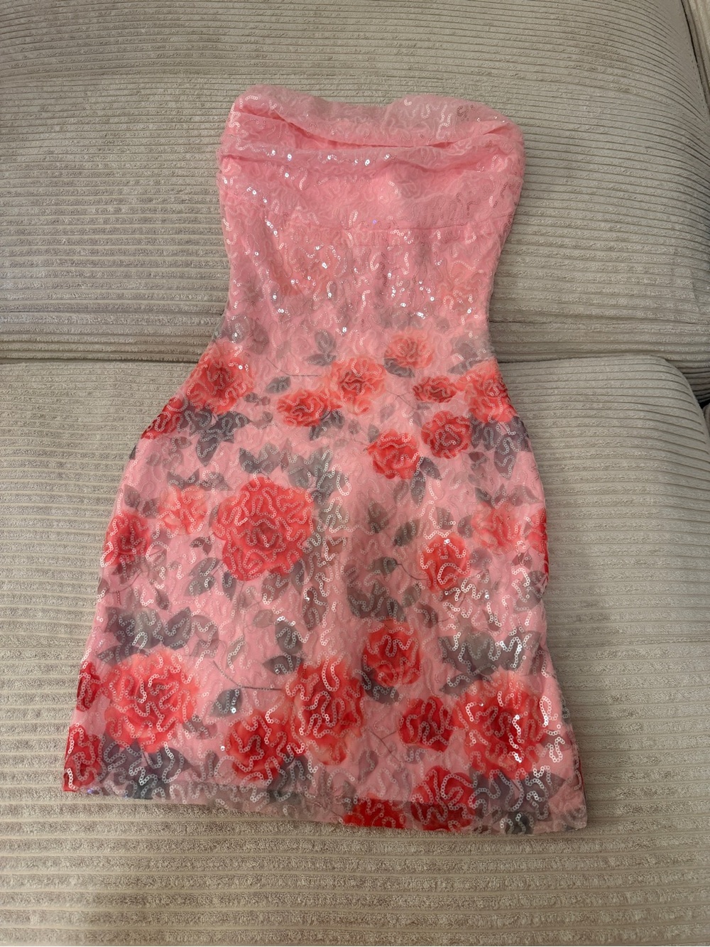 Windsor Pink Strapless Mini Dress with Red Floral Sequin Detail